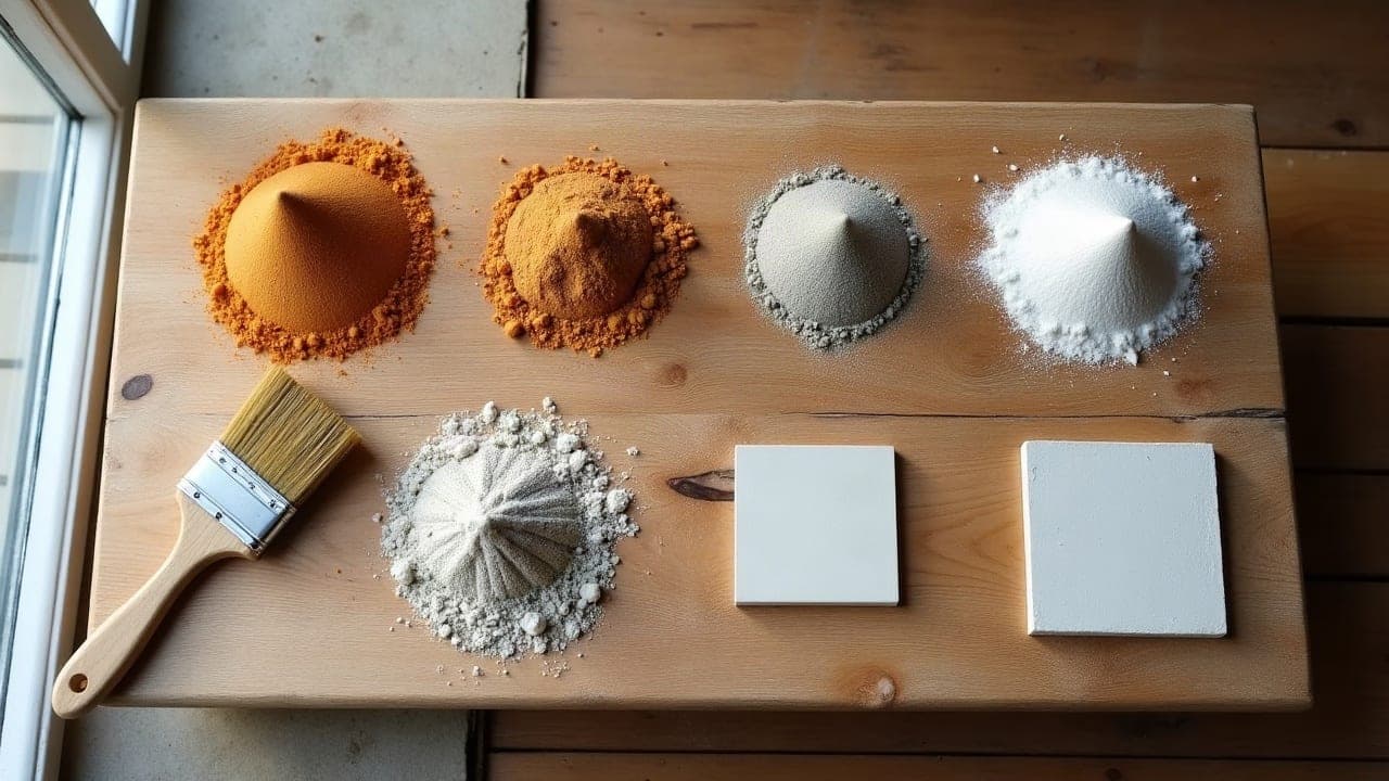 Pigments, chaux et échantillon d'enduit préparés avant un chantier de ravalement